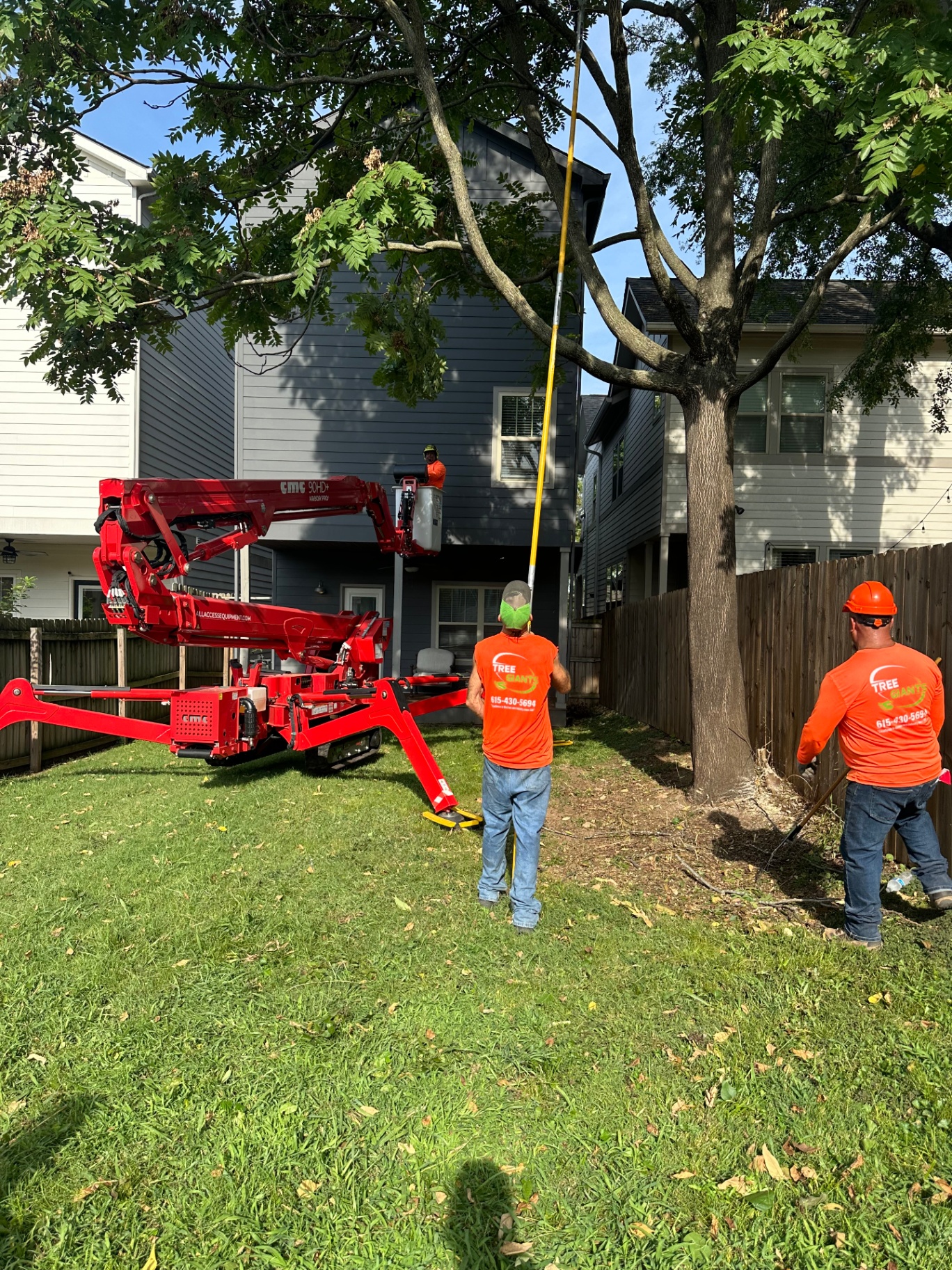 Tree Giants crew in branded orange shirts trimming a backyard tree with a red CMC spider lift in Nashville